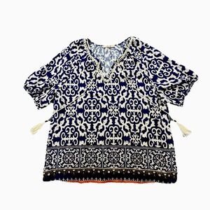 Vivilli Boho Peasant Blouse M Blue White Tassel Tie Tribal Print Top NWOT